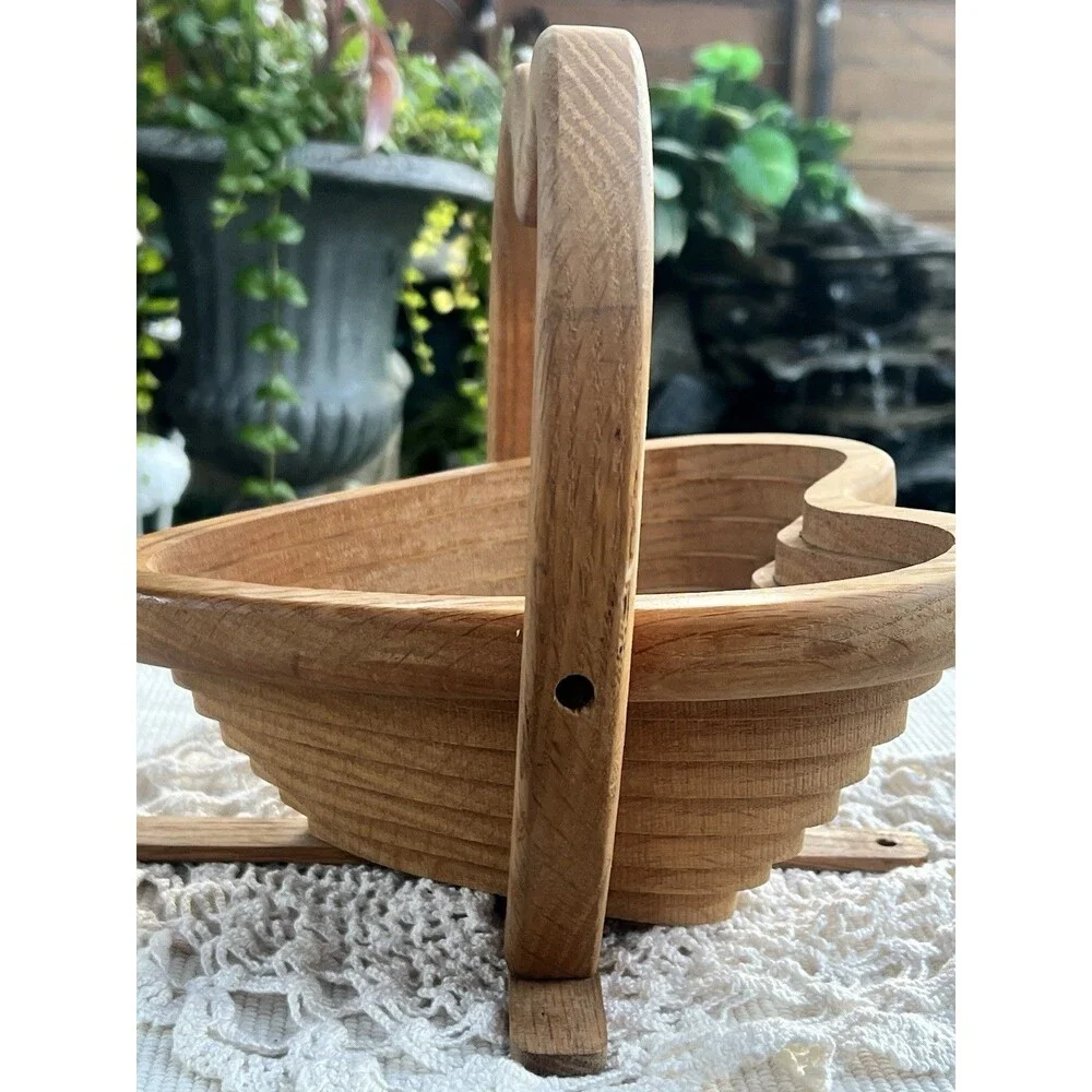 Vintage Handmade Heart Shaped Wooden Collapsible Basket With Handle Or Trivet